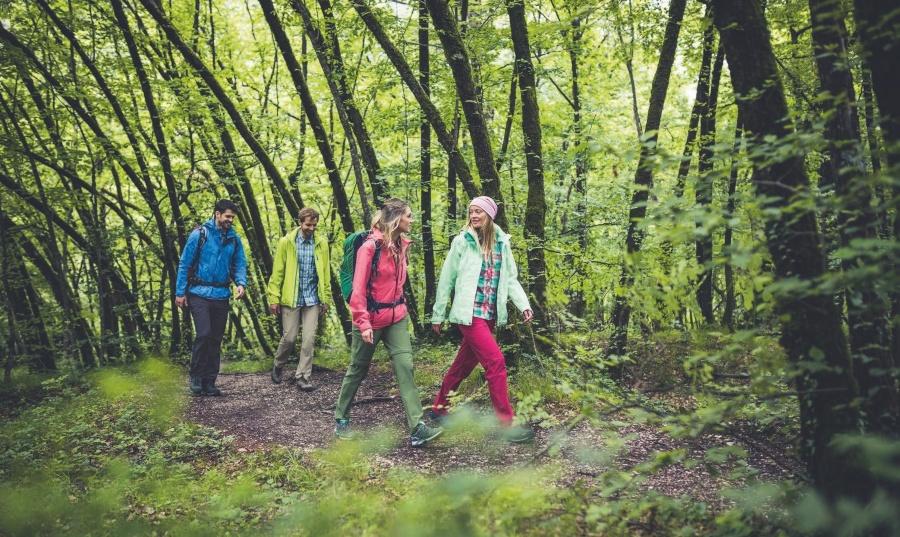 Hochwertige Sports Damen Jacken für fast jede Wetterlage Junge Leute wandern durch den Wald