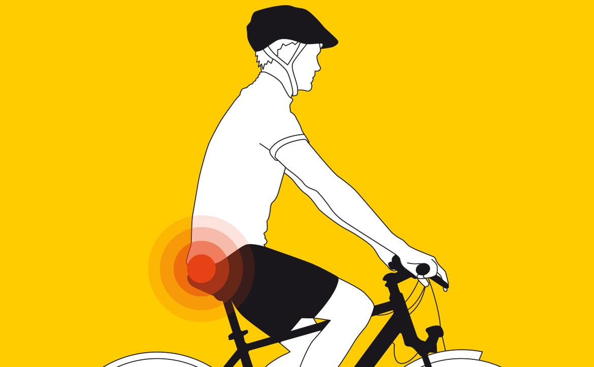 Grafik, Fahrradfahrer, Gesäß rot markiert, Schmerzen - Was tun gegen Po-Schmerzen nach dem Fahrradfahren?