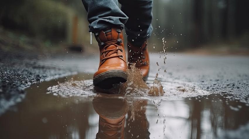 Jemand wandert durch eine nasse Stelle, Fokus auf die Schuhe